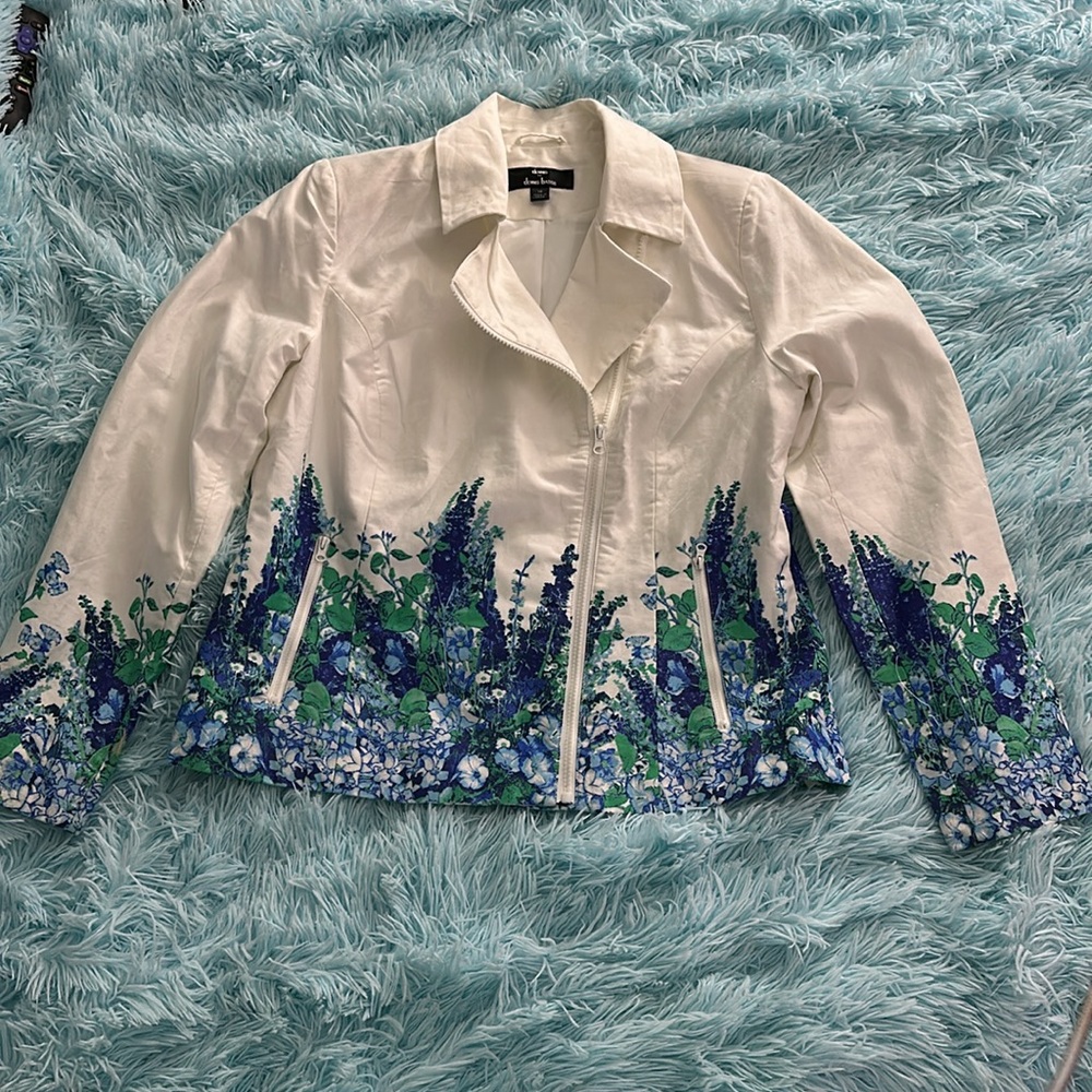 Fully lined, 100% cotton, floral moto jacket.Zip Pockets.Designer Dennis Basso.